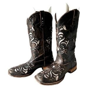 Roper Belle Square Toe Cowboy Boots Western Distressed Brown/Silver-Womens 7